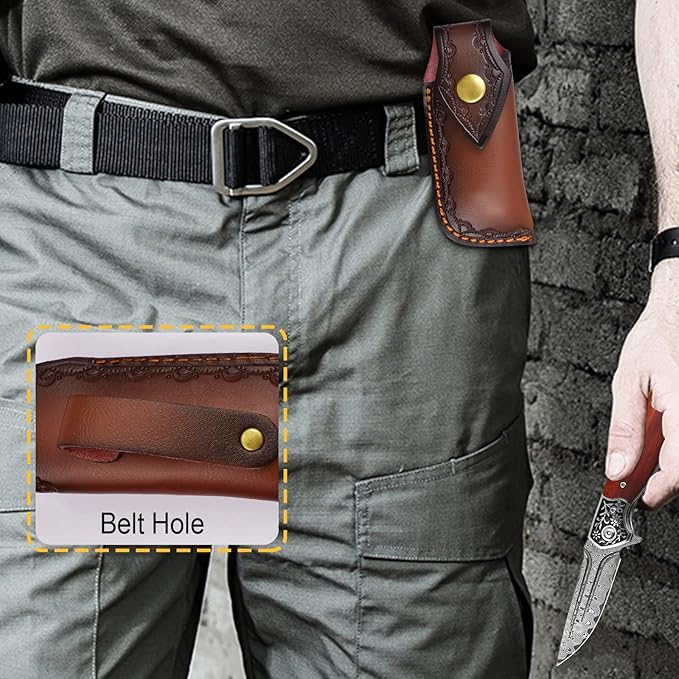 KOMWERO Damascus Pocket Knife, VG10 Damascus Steel Folding Knife with Wood Handle, Leather Sheath, Liner Lock, EDC Knife for Outdoor Survival Hunting Collection