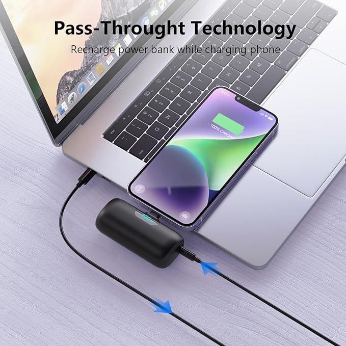 Mini Portable Charger for iPhone,Upgraded 5000mAh PD Fast Charging Battery Pack,LCD Display Cute Power Bank Portable Phone Charger for iPhone 14/14 Pro Max/13/13 Pro/12 Pro/11/XS/XR/X/8/7/6-Black