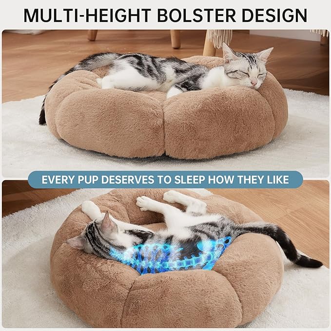 OhGeni 20 inches Calming Donut Dog & Cat Bed for Small Pets, Warming Comfort Fluffy Short Pile Fur, Durable Machine Washable Bed, Cute Round Bed for Puppy and Kitten, Camel