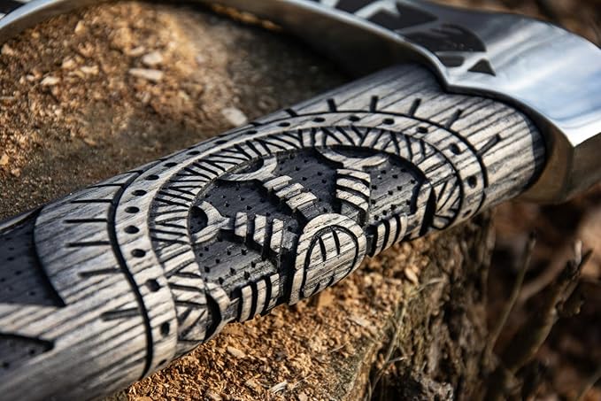 SHINY CRAFTS Viking Axe - 27" Helm of Awe Carved Axe with Engraving, Medieval Tomahawk, Genuine Leather Sheath (SCA-11)