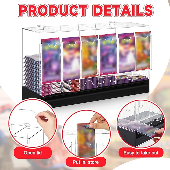 1 Pcs Acrylic Booster Pack Dispenser, Card Dispenser Storage and Organizer, for Trading Card, Booster Packs, Sports & More (Black Base 6 Slots)