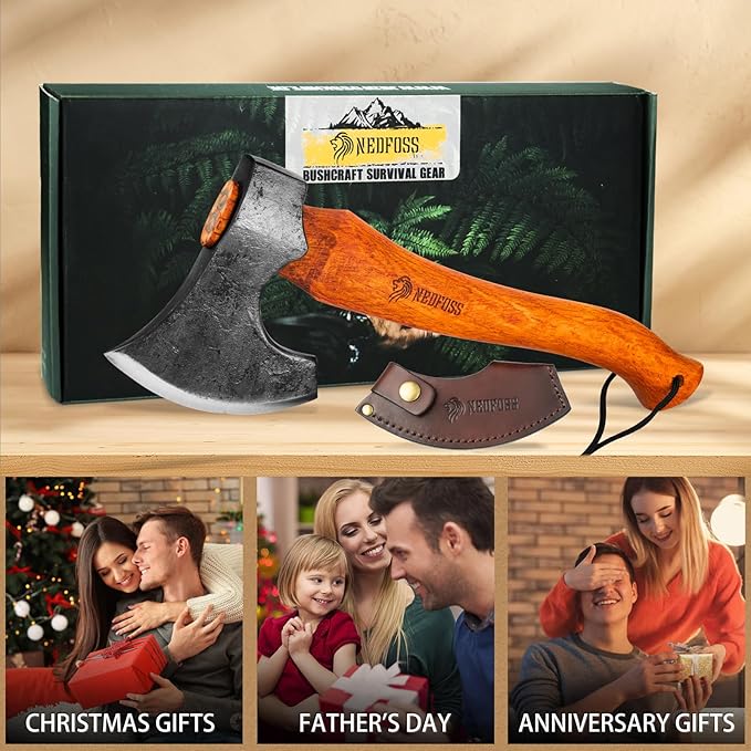 NEDFOSS Mammoth Camping Hatchet Axe, 15" Camping Axe with 1065 High Carbon Steel & Wooden Handle, Multi-Purpose Hatchet Axe for Camping, Bushcraft and Survival, Gift for Men