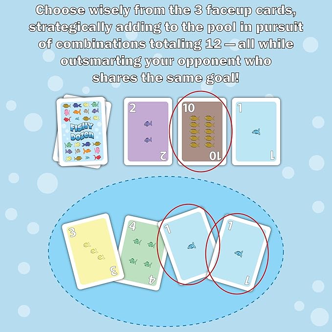 Fishy Dozen "Make 12 Game" - 2 Player Addition Practice Game for 1st, 2nd, 3rd, 4th Grade Ages 7+ - Builds Confidence With Numbers and Improves Strategic Thinking - Math Card Game For Kids and Adults