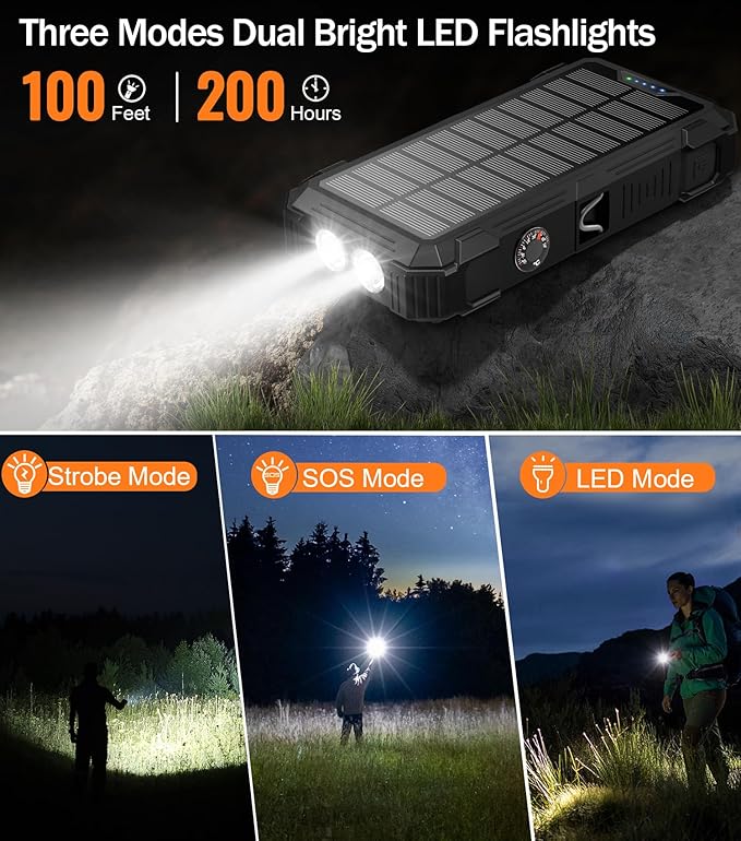 GOODaaa Portable Charger 42800mAh Built in 4 Cables and Thermometer 15W Fast Charging Power Bank Five Outputs Three Inputs Solar Charger Power Bank, SOS/Strobe/Strong Flashlights, Carabiner