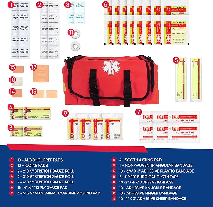 First Responder Trauma First Aid Kit Bag ??Fully Stocked Emergency Medical Kit for Workplace, Vehicle & Home ??OSHA & ANSI Compliant ??Portable ??Red