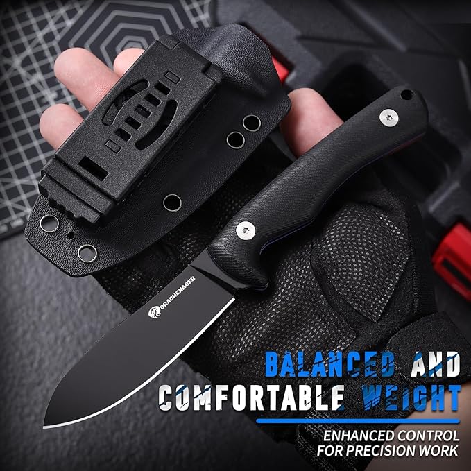 SHADOW 8.11" Fixed Blade Hunting Knife, D2 Steel Blade Survival Knife with Kydex Sheath Horizontal Carry for Men, Outdoor, Skinning and Camping (Black)