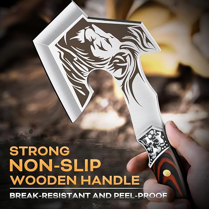 TIVOLI Camping Axe, Lion - Patterned Survival Hatchet with Nylon Sheath, High Carbon Steel Blade Compact Outdoor Bushcraft Axe with Ergonomic Wood Grip, Camping Gear for Hiking, Chopping, Hunting