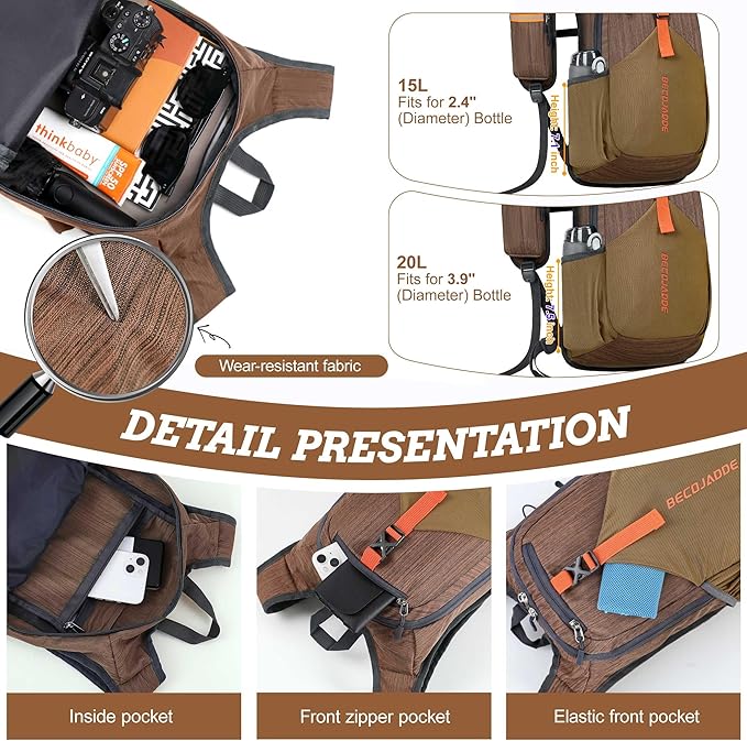 20L Small Hiking Backpack for Men Women Foldable Packable Back Pack Ultralight Hiking Daypack for Travel Camping Outdoor, Chocolate Brown