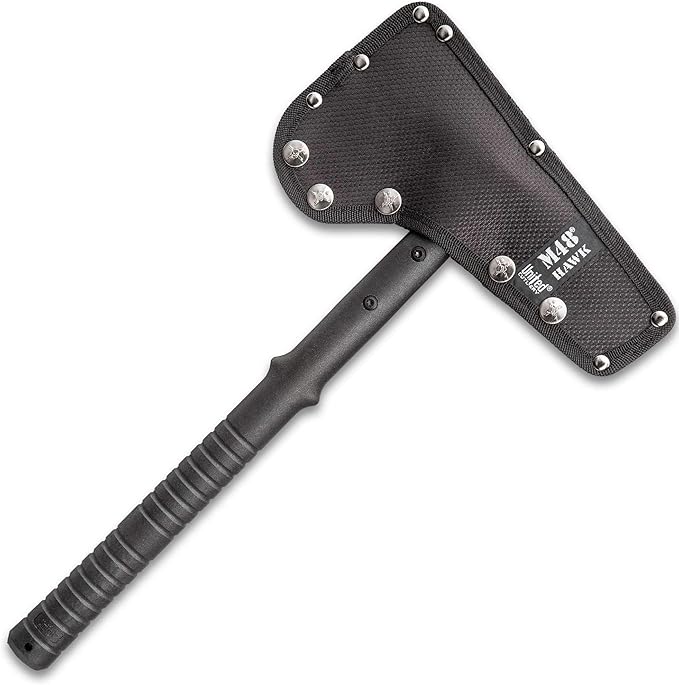 M48 Blue Tactical Tomahawk Axe and Snap On M48 Sheath - Hawk Axe, Blue Stainless Steel Blade, Piercing Spike, Grippy Reinforced Fiberglass Handle, Made for Door Breaching and Chopping - Length 15”