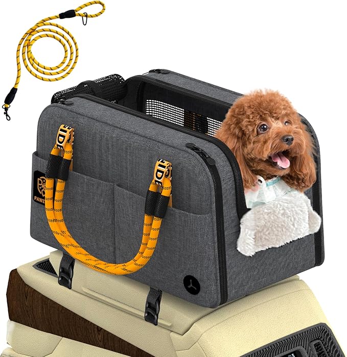 PAWZIDEA Center Console Dog Car Seat, Enclosed Secure Armrest Booster Seat for Small Dogs & Cats up 12lbs, Soft-Sided Travel Pet Carrier Safety Straps, Removable Pillow, Storage Pocket, Shoulder Strap