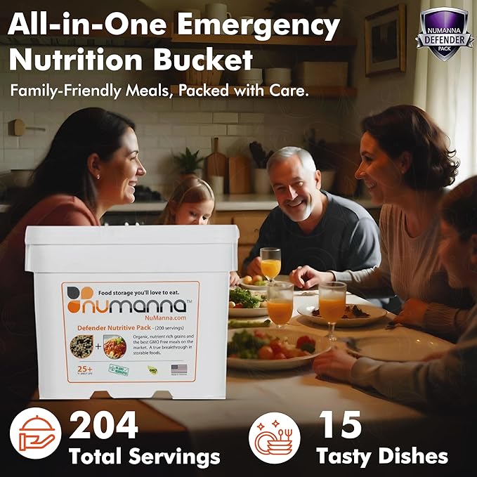 Numanna Defender Nutritive Pack Bucket 2,448 Servings | 12-Months Emergency Food Supply | GMO-Free, Non-Perishable Meals with Organic Grains & Superfoods | Easy to Prepare | Camping & Daily Use