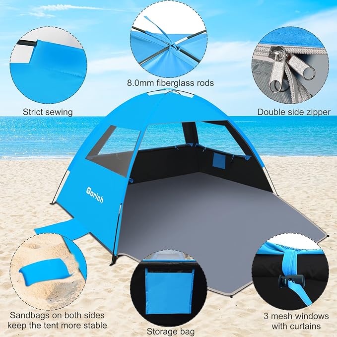 Gorich Beach Tent Sun Shelter for 3/4-5/6-7/8-10 Person with UPF 50ï¼?UV Protection, Lightweight & Easy Setup Beach Shade Canopy, Portable Beach Shade Tent Beach Cabana