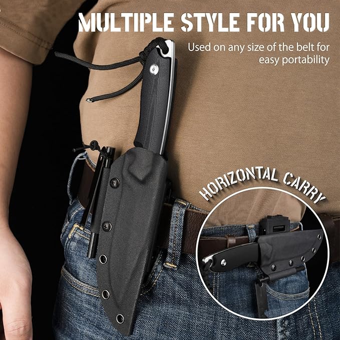 NedFoss Survival Knife with Fire Starter and Kydex Sheath, 9.25" Full Tang Fixed Blade Camping Knife with Sheath Horizontal & Vertical, Bushcraft Knife with G10 Handle for Outdoor, Hunting, Fishing