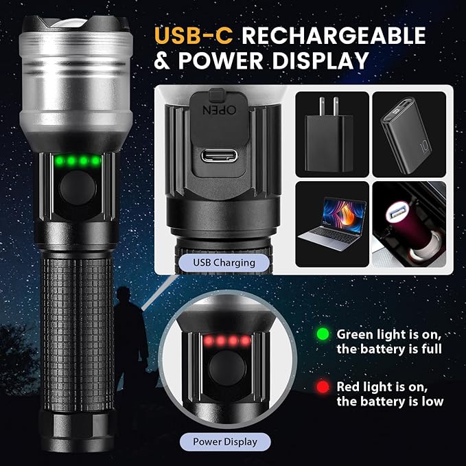 Rechargeable Flashlight 10000 High Lumens, Super Bright Flashlight Compact, Flashlight Rechargeable USB-C Zoomable, 6 Modes Handheld Flashlight Suitable for Home Emergency, Outdoor, Hiking, Camping