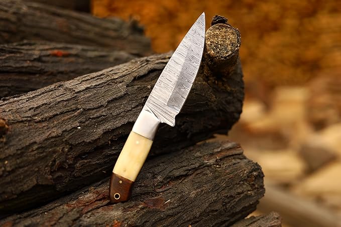 Fixed Blade Hunting Knife With Camel Bone Handle, Damascus Steel Sharp Blade, Full Tang - Leather Sheath for Outdoor Camping, Skinning, Hiking, Fishing, Bushcraft Survival (Bone Handle)