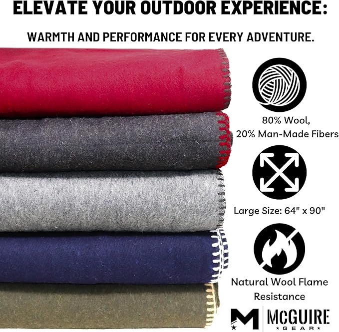 M MCGUIRE GEAR Heavy Duty Wool Blanket, Survival, Emergency, and First Aid Use – Mil-Spec, Fire Retardant, Durable Outdoor Wool Blankets for Camping. - Grey, (64 x 90 inches)