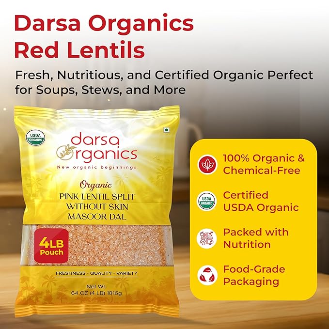 Darsa Organics Red Lentils Masoor Dal - 4 lb USDA Certified Organic, Non-GMO, Gluten-Free, Whole & Split Pink Lentils, Chemical-Free, Rich in Protein and Fiber, Easy to Cook