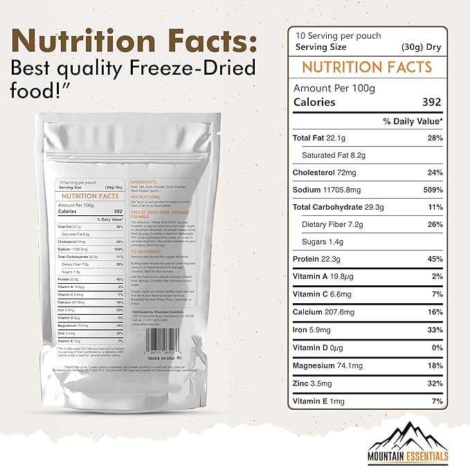 MOUNTAIN ESSENTIALS Freeze-Dried Pork Sausage Crumble ??Fully Cooked & Ready to Eat | Traditional Flavor | Premium Quality Everyday Meals, Camping & Emergency Survival Food | 10 Servings | Made in USA | 7-Year Shelf Life