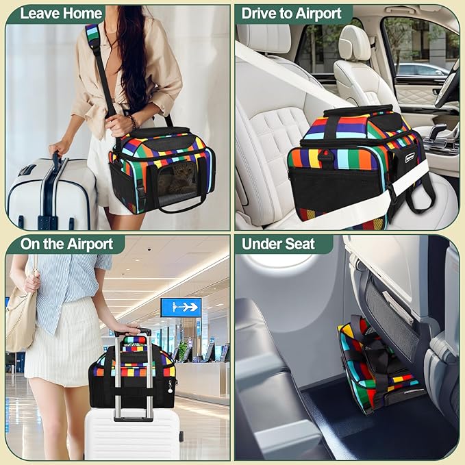 17x11x9.5 Inches Top-Expandable Pet Carrier Alaska Airline Approved, Soft Sided Carrier for Small Dog, Cat with 5-Sides Mesh Windows and Locking Safety Zippers(Rainbow)