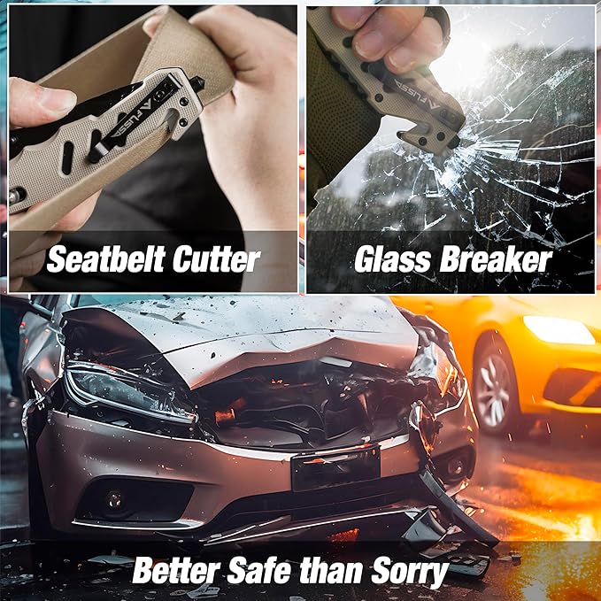 FLISSA Folding Pocket Knife with Clip, Glass Breaker and Seatbelt Cutter, Survival Knife for Emergency Rescue Situations, EDC Knife for Tactical, Hunting, Camping, Outdoor, Unique Gifts for Dad, Father