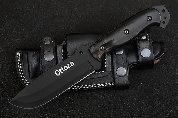 Ottoza Fixed Blade Hunting Knife with Leather Sheath and Horizontal Carry - Full Tang Outdoor Survival and Camping Knife for Men - Cow Horn Handle 338