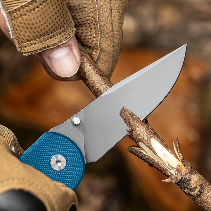 Button Lock Pocket Knife with 2.85 inch VG10 Steel Blade G10 Handle, Folding Knife for EDC, Blue
