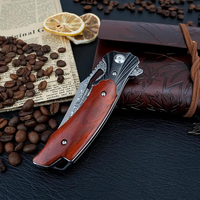 Damascus Pocket Knife for Men Women, Wood Handle Folding Knife with Sheath, 3.15" Damascus Steel Blade Pocket Knives for Outdoor
