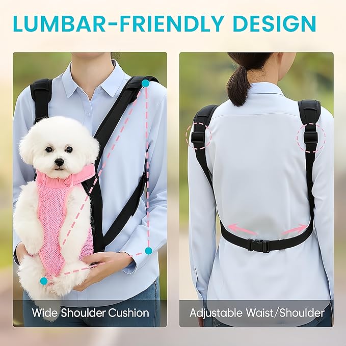 Dog Backpack Carrier, Thick Straps & Cushion, Pet Sling Front Backpacks for Small Medium Dogs 2.5-4 Lbs, Legs Out, Adjustable Wearable Puppy Chest Travel Bag, Easy-Fit for Hiking/Walking/Camping