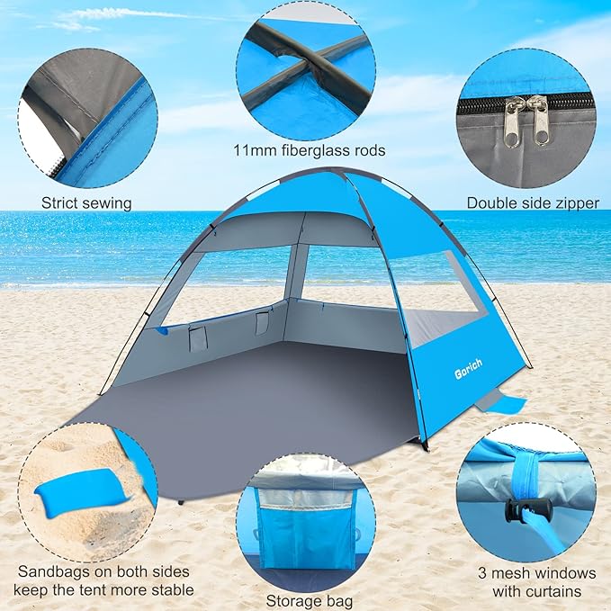Gorich Beach Tent Sun Shelter for 3/4-5/6-7/8-10 Person with UPF 50ï¼?UV Protection, Lightweight & Easy Setup Beach Shade Canopy, Portable Beach Shade Tent Beach Cabana