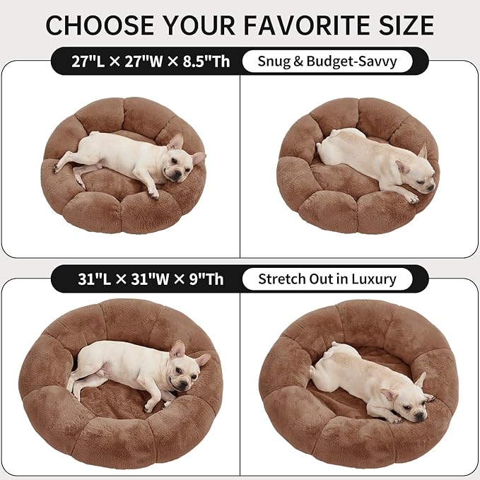 OhGeni 31 inches Calming Donut Orthopedic Dog & Cat Bed for Medium Pets, Warming Comfort Fluffy Short Pile Fur, Durable Waterproof Machine Washable Removable Cover, Cute Round Bed for Puppy, Brown