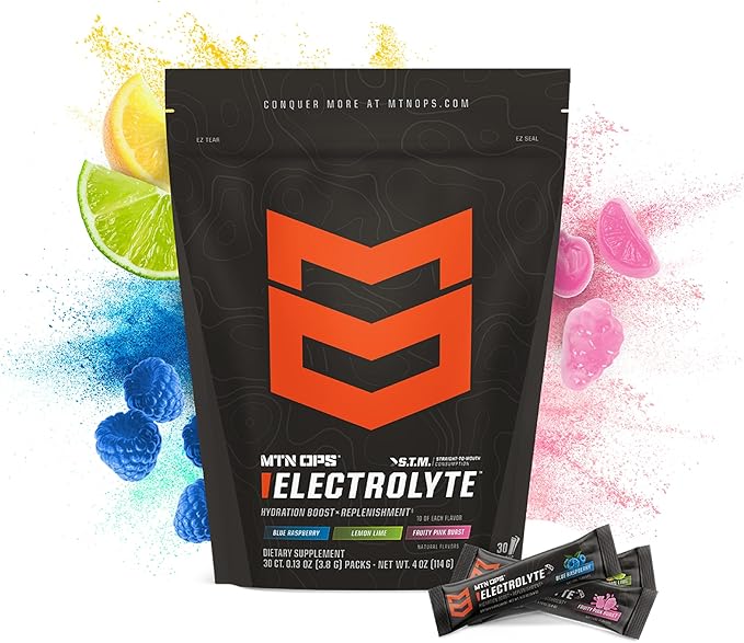 MTN OPS Electrolytes Powder Packets, Sugar Free Hydration Packets, Gluten-Free Hydration Powder, Electrolyte Packets STM ?œStraight to Mouth??- Variety Pack of 3 Flavors, 30 Packs