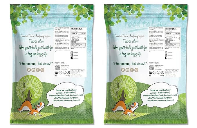 Food to Live Organic Whole Red Lentils, 20 Pounds Non-GMO, Dry Raw Lentils, Sproutable, Vegan, Kosher, Bulk. Easy to Cook. Source of Folate, Fiber, and Protein. For Lentil Soup, Stews, Curry