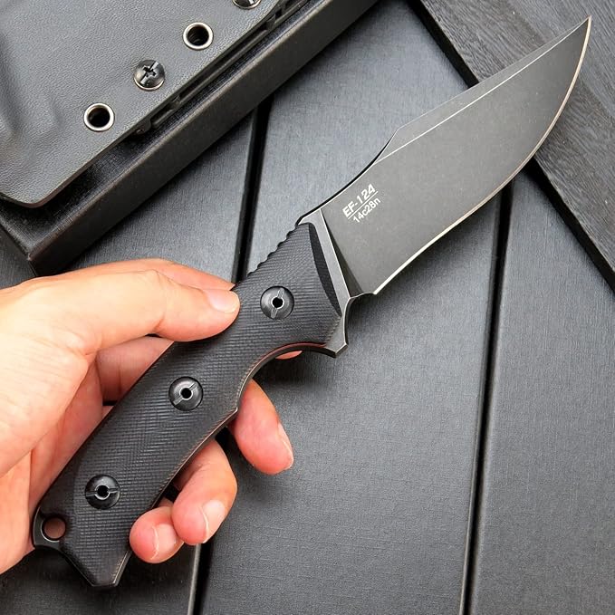 Eafengrow EF124 Fixed Blade Knife 14c28n Steel Blade Coated Black Titanium, G10 Handle Fixed Knife for Outdoor Camping Hunting Survival EDC Tool Knives with Kydex Sheath(Black)