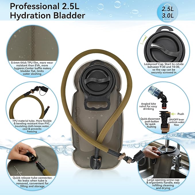 MARCHWAY Tactical Molle Hydration Pack with 2.5L TPU Water Bladder, Low-Profile Organized Military Backpack for Hiking, Cycling, Backpacking, Hunting, Running
