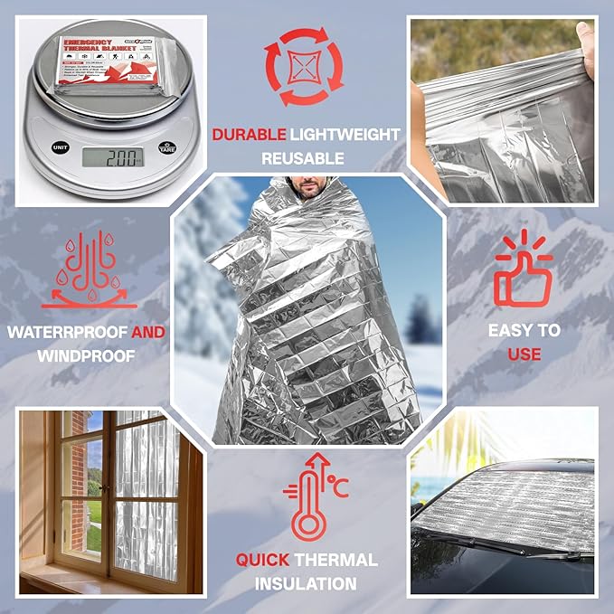 SecuCaptain Survival Emergency Thermal Blankets: 25 Pack Extra Large 84” x63” Space Mylar Blanket Kit for Outdoor Cold Winter Camping Hiking Car Bug Out Bag or First Aid