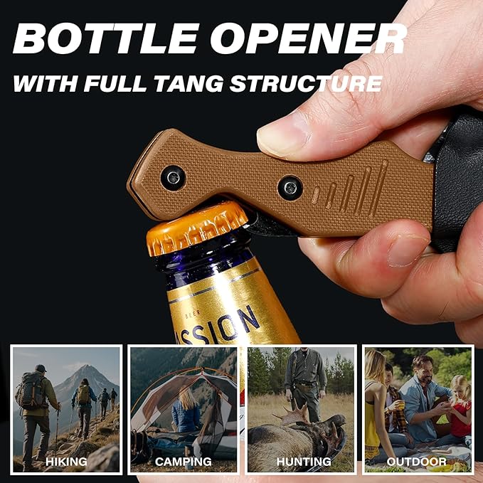 Fixed Blade Knife with Kydex Sheath and Bottle Opener, 3.2" 8Cr13Mov Blade Full Tang EDC Knife with Ergonomic G10 Handle, Small Horizontal & Scount Carry Knives for Survival Camping Hunting Outdoor Activities