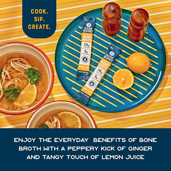 Bare Bones Bone Broth Instant Powdered Mix, Lemon Ginger, Pack of 8, 15g Sticks, 10g Protein, Keto & Paleo Friendly Bone Broth Packets