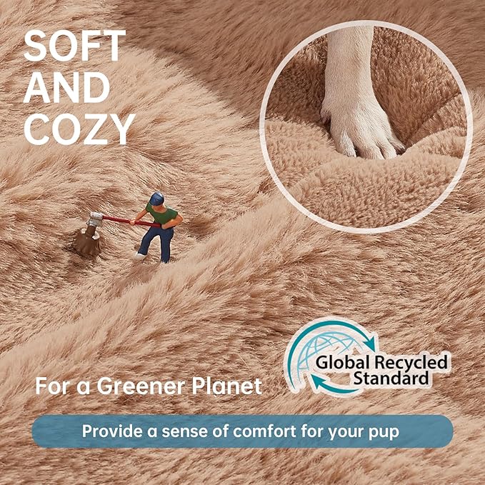 OhGeni 31 inches Calming Donut Orthopedic Dog & Cat Bed for Medium Pets, Warming Comfort Fluffy Short Pile Fur, Durable Waterproof Machine Washable Removable Cover, Cute Round Bed for Puppy, Camel