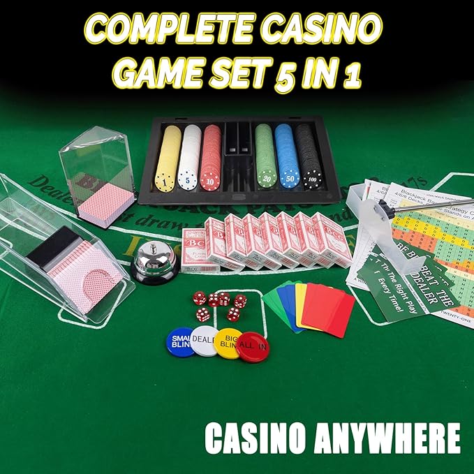 5 in 1 Super Casino Game Set: Blackjack/Roulette/Craps/Texas Hold'em/Poker Kit with Shoe+Discard Tray+360 Chip+8 Deck Card+Roulette Wheel+2 Felt+Stratedgy Card+Chip Rake, Casino Poker Set
