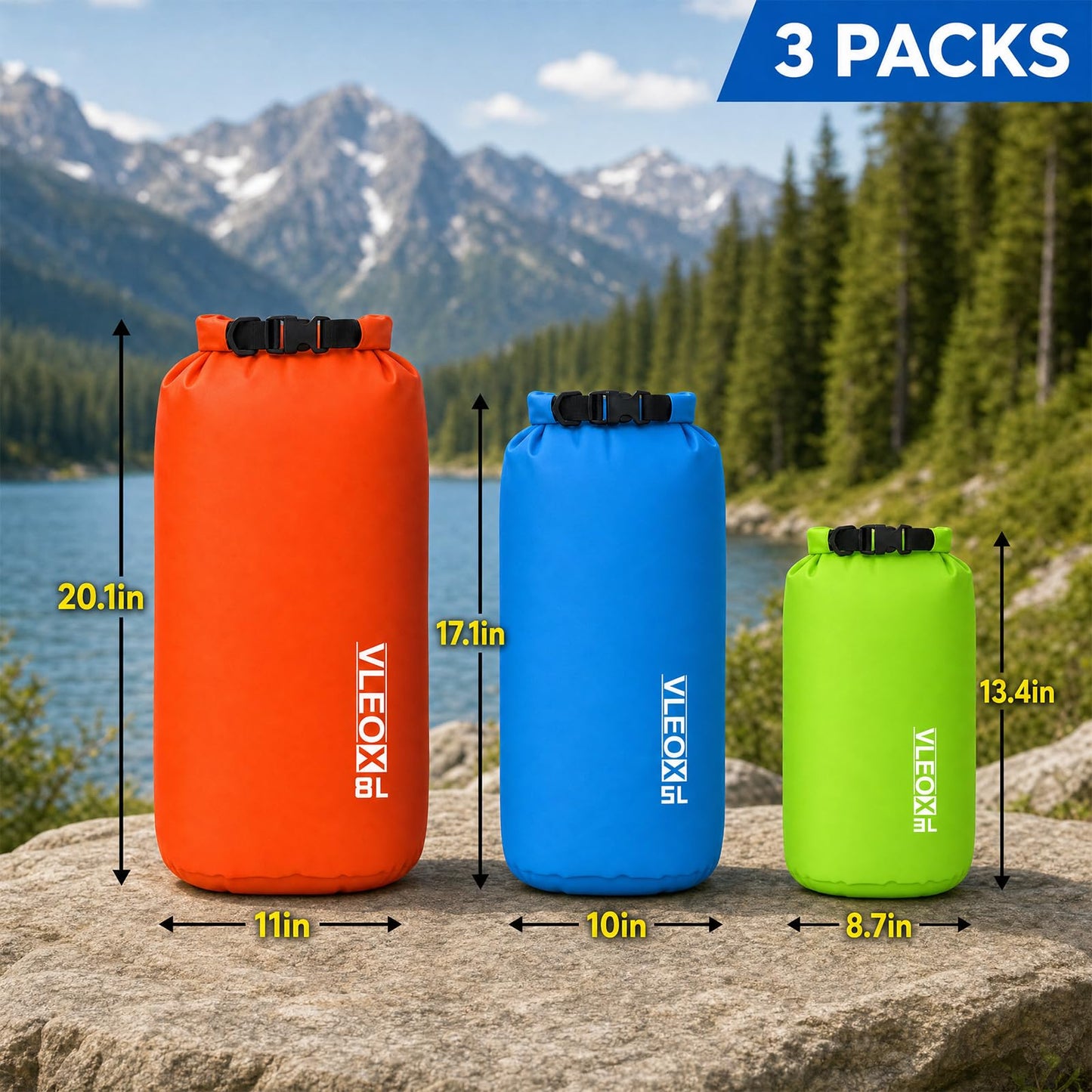 vleoX Dry Bag 3-Pack/5-Pack, Lightweight Dry Sack, Waterproof Bags