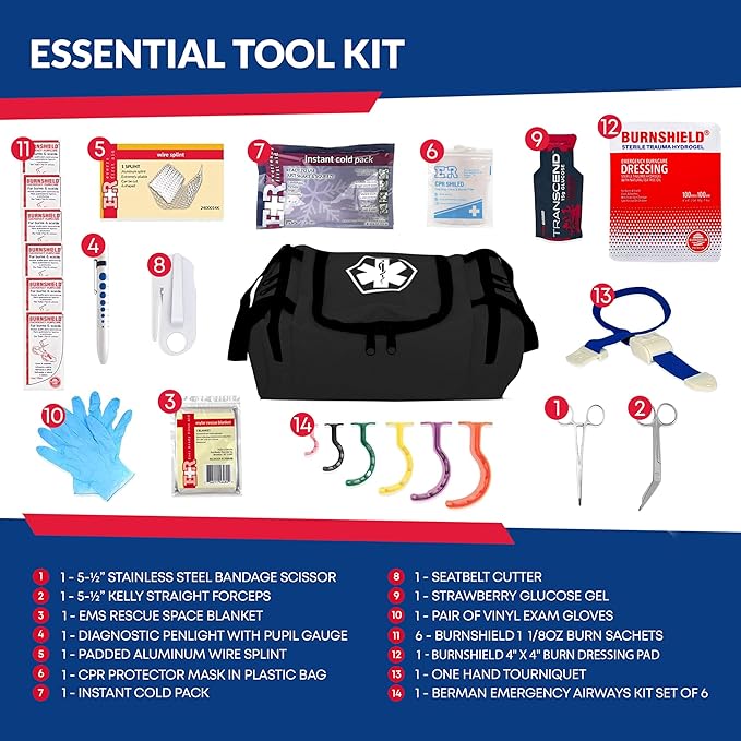 Fully Stocked Trauma First Aid Kit ??First Responder II Bag with Tools, Gauze, Bandages, Scissors & Gloves ??Compact & Portable ??OSHA and ANSI Compliant ??Black