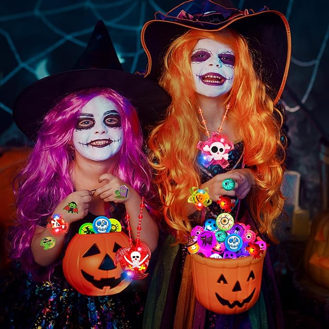 90 PCS Halloween Party Favors for Kids, Glow in The Dark Halloween Toys Bulk Light Up Necklace Bracelet LED Rings Halloween Goodie Bag Fillers Treats for Classroom Prizes Trick or Treat Gift