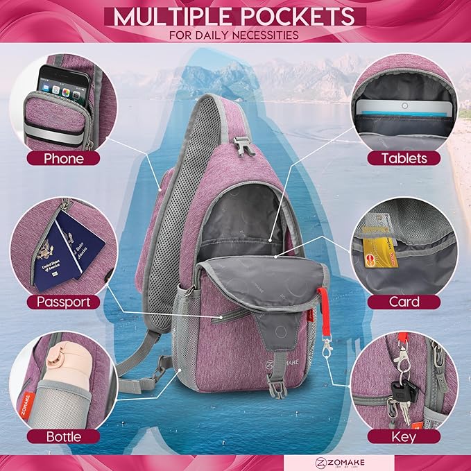 ZOMAKE Sling Bag,Small Crossbody Sling Backpack,Water Resistant Shoulder Daypack for Travel,Anti Thief Chest Bag for Hiking(Light Purple)