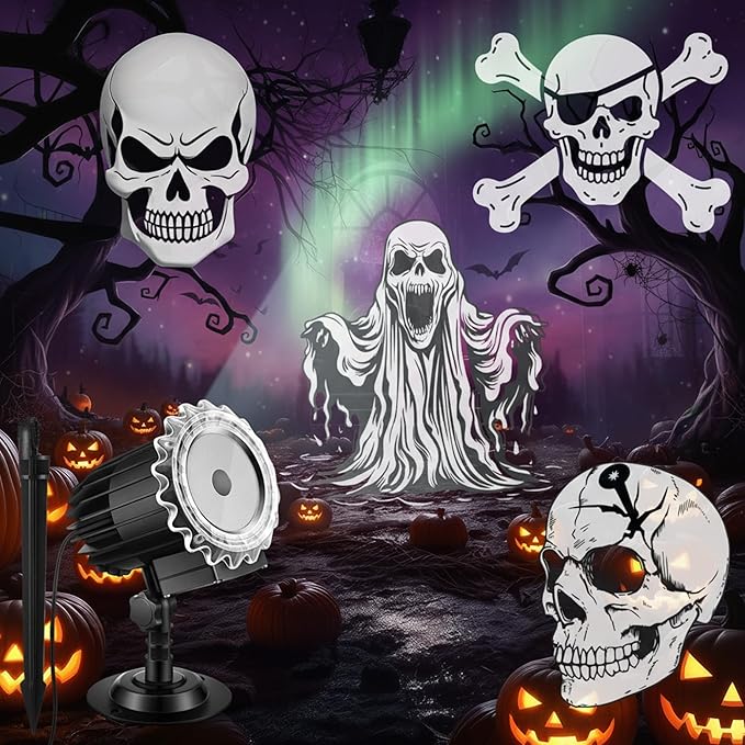 Tuanse Halloween Outdoor Projector Lights Halloween Laser Projector LED Flood Rotating Skull Light Holiday with Stars for Party Garden Landscape Decoration