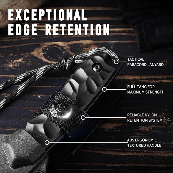 B-ER-DROP POINT Fixed Blade Hunting Knife, Survival Knife with Sheath, Full Tang, Full Black, Gifts for Men