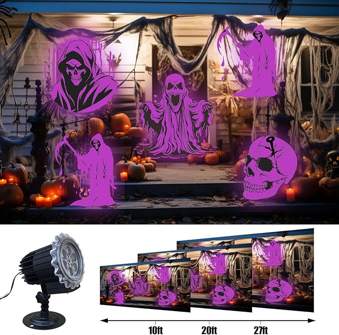 Halloween Projector Lights Outdoor, 3D-Dynamic Outdoor Holiday Light Projector with 4 Different Rotating Patterns, Ghost, Skull, Waterproof for Birthday Party Yard Decorations