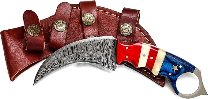 Custom Handmade Damascus Steel Hunting Knife with Sheath | 7.5'??EDC Fixed Blade Hunting Skinning Knives For Men and Women Demasticus Camping Survival Belt Knifes For Horizontal Carry with American Flag Handle