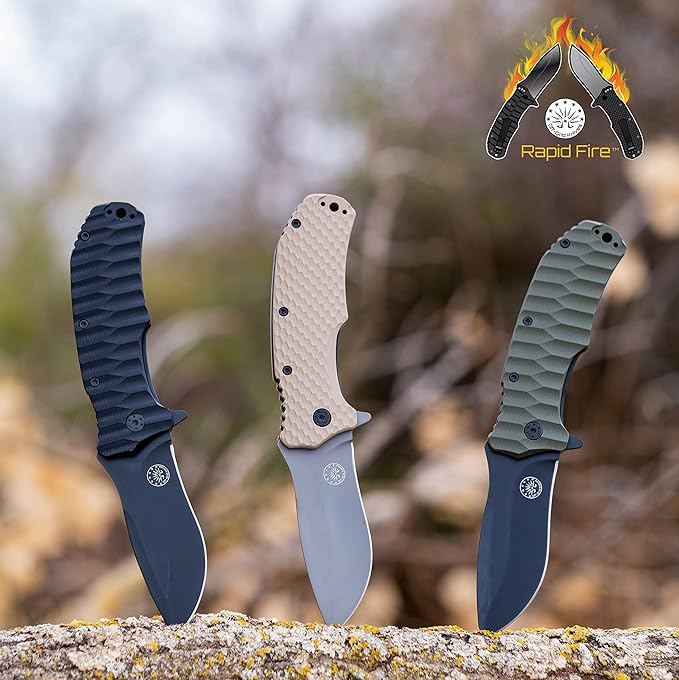 Off-Grid Knives - Rapid Fire Coyote, Large Assisted EDC, Hard Use Construction, Camping and Survival, Cryogenic D2 Blade Steel, Titanium Nitride Coating with G10 Scales, Deep Pocket Carry