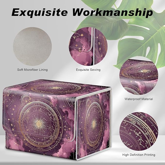 Card Game Storage Box TCG Deck Box MTG Card Box Organizer Trading Card Case Commander Deck Box TCG Card Storage Box Magnetic Closure Creative Pattern Up to 200 Cards, Purple Constellation Compass