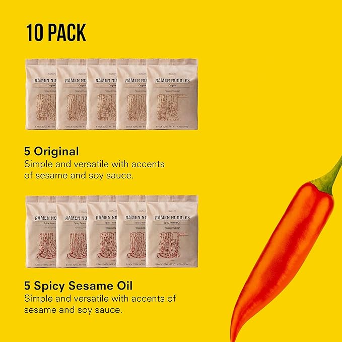 Public Goods Ramen Noodles | Brothless Vegan & Vegetarian Instant Ramen | Healthy, High Protein Asian Noodle | Preservative Free | No Added MSG | Original & Spicy Sesame Oil (10 Pack)